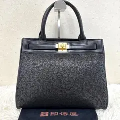 美品 印傳屋 ルミドーレ ローズ柄 バラ ハンドバッグ ターンロック 黒 保存袋