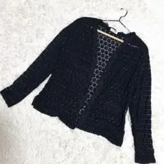 TOMOMI✨美品　透かし編みカーディガン　花柄　肩パッド　韓国　ブラック