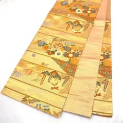 【2382】着物 袋帯 六通 金糸 刺繡 蝶 松 菊 藤 444㎝