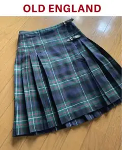 OLD ENGLAND プリーツスカート ウールアルパカ 紺×緑×赤 チェック柄