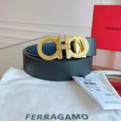 新品 Ferragamo レザーベルト リバーシブル ブラック ゴールドバックル