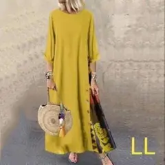 ワンピース　LL　ロング　七分袖　イエロー　Aライン　春　エスニック　マタニティ