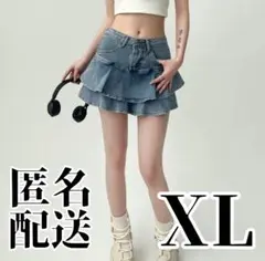 ミニスカート　フリル　韓国　インパン付　デニム　XLサイズ　ブルー　伸縮性有