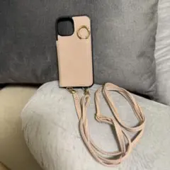 ベージュ スマホショルダーストラップ カードポケット付き