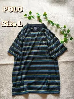 美品【POLO】Tシャツ　刺繍ロゴ　マルチボーダー 大きいサイズ 緑＆黄