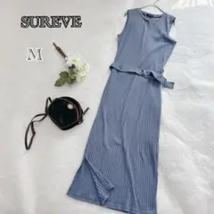 ブルー リブ編み ノースリーブワンピース M ロング丈 春夏 a2786