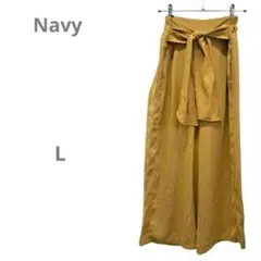 【ネイビー Navy】ハイウエスト ワイドパンツ ウエストマーク L 黄色】