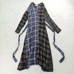 KBF　パッチワーク　シャツワンピース　チェック　ロング　Vネック　腰リボン　F