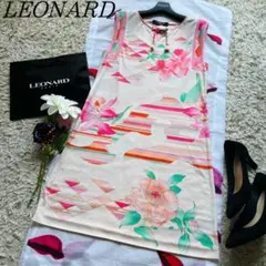 【良品】LEONARD 総柄ノースリーブドレス フリンジリボン サイズ2