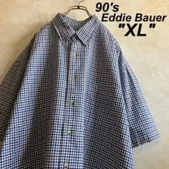美品 90's 古着 エディーバウアー チェックBDシャツ 青 XL