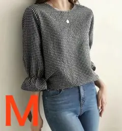 【新品】7部袖ブラウス　Ｍ　春夏秋きれいめオフィス　冷房対策 ギンガムチェック