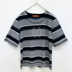 美品 アクロス ボーダー Tシャツ とろみ 【F】 半袖 ビジュー 黒系
