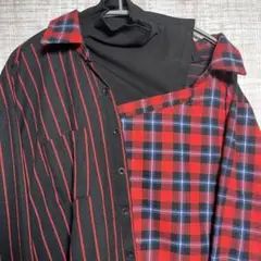 赤黒ストライプチェック重ね着シャツ