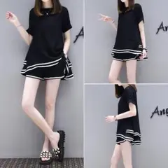 【 残り1点 】Lサイズ セットアップ 上下セット 黒 体型カバー ゆるカワ
