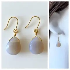 【ハンドメイド】天然石　グレーアゲート　しずくピアス/イヤリング　16kgp