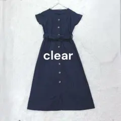 クリア♡リネンコットンブレンドロングシャツワンピース ネイビー ウエストリボン♪