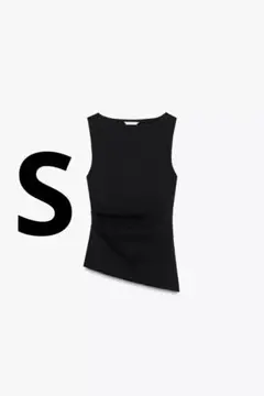 ZARA プリーツ入りアシンメトリーTシャツ　ブラック　S 【新品タグ付き】