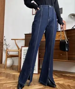 moment+ センタースリットフレアパンツ　デニムパンツ