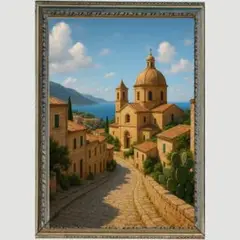 Ｐ1198 【イタリア風景アート】シチリア島の街並みの写実的絵画風 インテリア