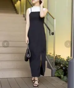 スプレイプレミアム　サイドスリット　キャミワンピース　黒　ノースリーブ