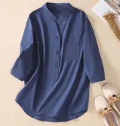 XL コットンリネン★前後丈違い　スキッパーネック　七分袖ブラウス♪ネイビーXL