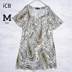 【アイシービー】カットソー 半袖 総柄 ペイズリー チュニック丈 M