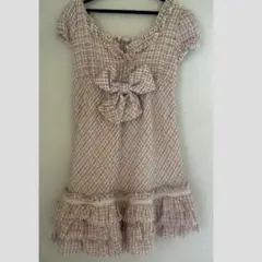 当時品 TRALALA リボン付きピンク系チェックミニワンピース