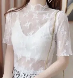 SHEIN レース付きハイネック 半袖 シアー レース トップス 夏服 涼しげ