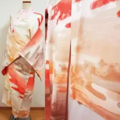 オレンジのぼかしに桜と波 刺繍半襟付き 長襦袢