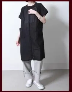 新品 涼しい薄手コットンロングシャツワンピース 前ボタンゆったり羽織/黒M～L