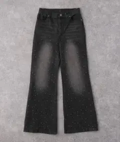 MONO-MARTラインストーンヴィンテージライクフレアデニムパンツ ブラック