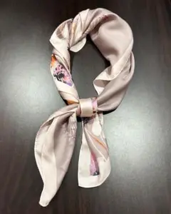 全品10%off! 花柄シルク風スカーフ 薄いピンク　ブラウン　くすみピンク