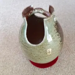 正峰　陶器 手桶花器 緑茶色