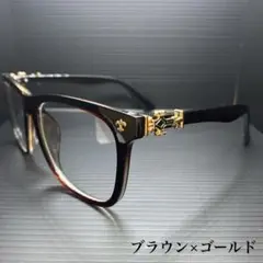 伊達メガネ　フレーム　装飾メガネ　ブラウン×ゴールド　黒縁　クロス　十字架　男女