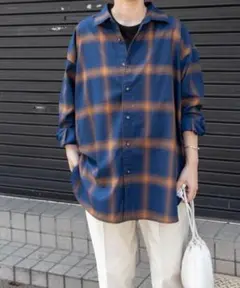 アーバンリサーチ　FORK＆SPOON　TRチェックロングシャツ ネイビー