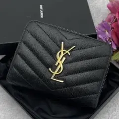 美品 サンローランパリ 折り財布 YSL ゴールド金具 キャビアスキン 黒