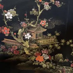 正絹 着物羽織 黒地に梅の花仏閣