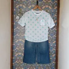 ドット柄 半袖Tシャツ 白× ミントグリーン