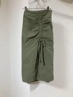 オリーブグリーン ナイロンタイトスカート シャーリングギャザーリボン入