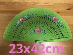 アバニコ　扇子　フラメンコ　木製　花柄　黄緑