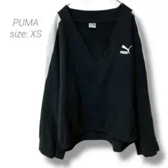 【プーマ】PUMA Vネックトレーナー ライン フレア XS ゆったり ブラック