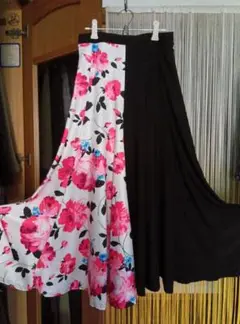 社交ダンスフレアスカート 黒と白の花柄