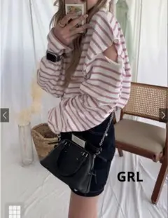 GRL ボーダー柄ショルダースリットルーズトップス ピンク