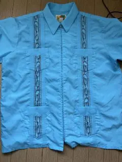 GUAYABERA ターコイズブルー　半袖ジップアップ　キューバシャツ
