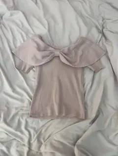 フリル付きベージュリブニット 半袖
