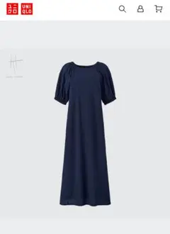 美品✨️Lサイズ　サッカー生地　ロングワンピース　ネイビー　UNIQLOユニクロ