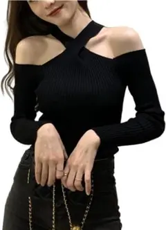 ニット セクシー 長袖 トップス オフショルダー タイト フリーサイズ