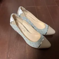 tehen ベージュ・水色 リボン付きパンプス 23.5