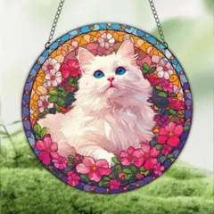 サンキャッチャー 壁掛け飾り ステンドグラス インテリア 猫 ピンク
