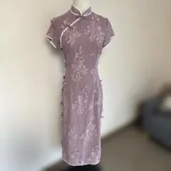 花　ドット　レース　ロング　チャイナドレス　ピンク　S フォーマル